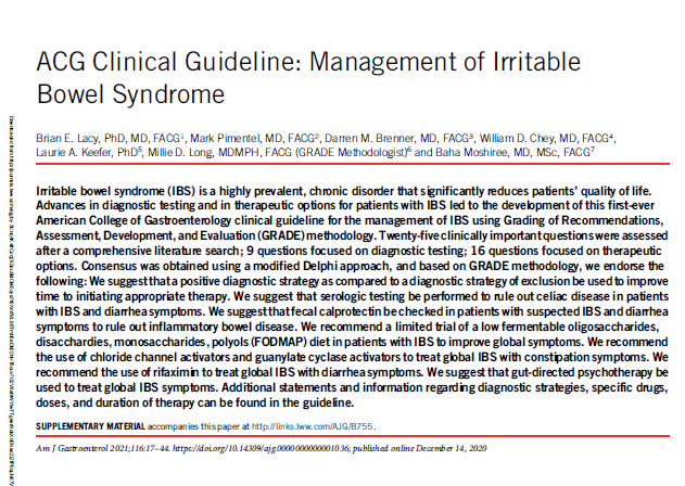 2020年 美国消化学会临床指南：肠易激综合征的管理