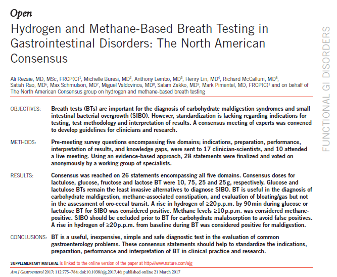 2017年 北美共识 H2、CH4呼气试验在胃肠疾病中的应用